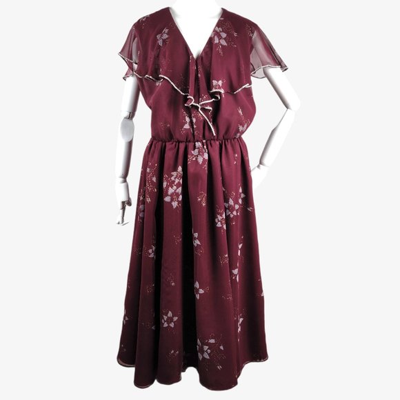 Vintage 1970s Romantic Sheer Ruffle Dress Burgundy Floral Rhinestone Trim Disco - Picture 1 of 12